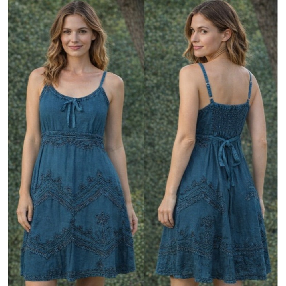 Sakkas Turquoise Blue Embroidered Boho Sun Dress 1X/2X New 4031 Smocked Rayon